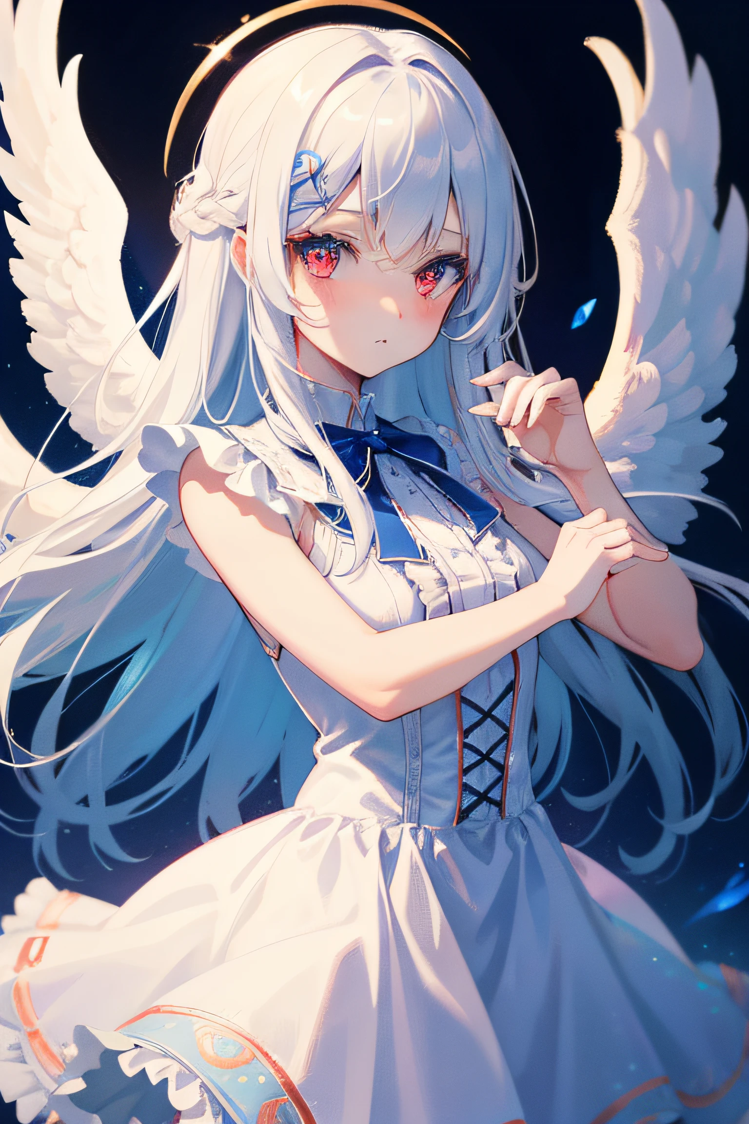 super fine illustration, an extremely cute and beautiful girl with angel wings, highly detailed beautiful face, red eyes, look at viewer, cowboy shot, beautiful white hair, loli, solo, dynamic angle, beautiful detailed dress with frills, magic circles, blue tone