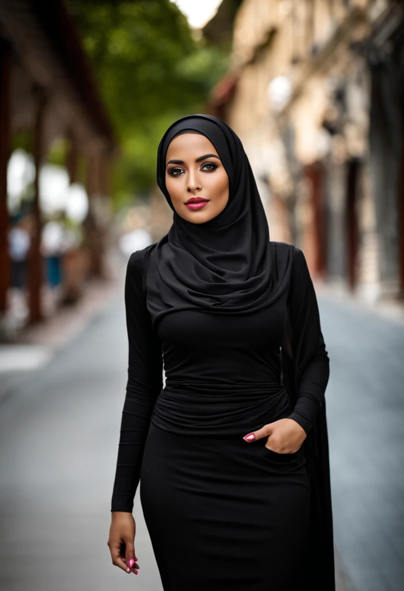 Woman in hijab. Wearing black color skin tight clothing. Clothing so tight it is like a part of the skin