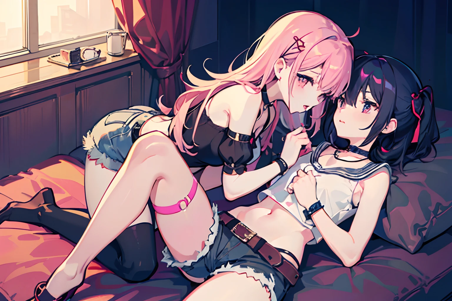 ,twins, Masterpiece,Best quality,offcial art,Extremely detailed Cg Unity 8K wallpaper, 2girls, cute female , Yuri, hair adornments, Short shorts, Crop top, ribbon_choker necklace, leg belt,stocklings