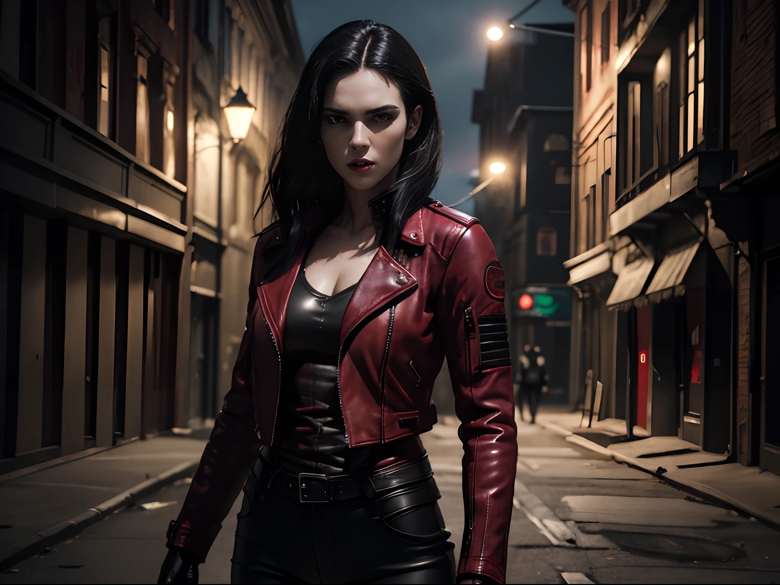 (A beautiful 25 years old British female vampire mercenary:1.4), (wolfcut black hair:1.2), (pale skin), (detailed dirty skin:1.4), (serious face), (wearing red leather jacket and black tight pants:1.4), (waist up shot:1.2), view from front, (dynamic action pose:1.2), (chiaroscuro lighting:0.8), (abandoned building at night:1.2), photo realism, intricate face detail, intricate hand details, highly detailed, vibrant colors, cinematic, 8k, trending on Artstation--style raw