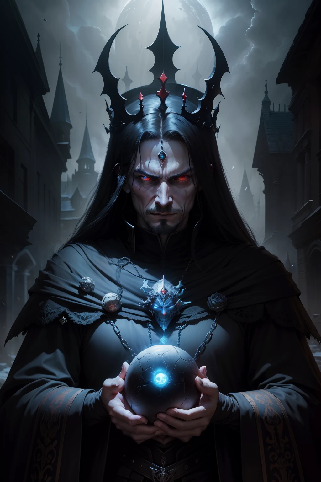 An image of an evil emperor with a sinister grin, wearing a broken crown, holding a ball of confusion in his hand, background is black night sky, eerie lighting, snow falling, mood is futile, nugatory, abysmal, desolate, digital art, hyper realistic, 8k, unreal engine, character design, art by Peter Paul Rubens, Anne Stokes, Blaz Porenta, Zdzislaw Beksinski, Marc Simonetti, Gerald Brom.