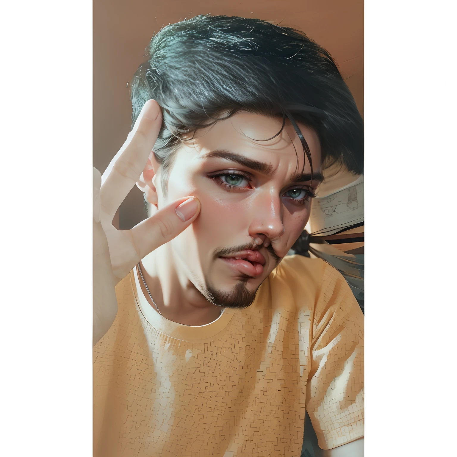 Remove finger from face, handsome look, realistic image, 8k quality, hyper realistic, blur Bokeh background, attractive hunter eyes, age under 18, long braided hair