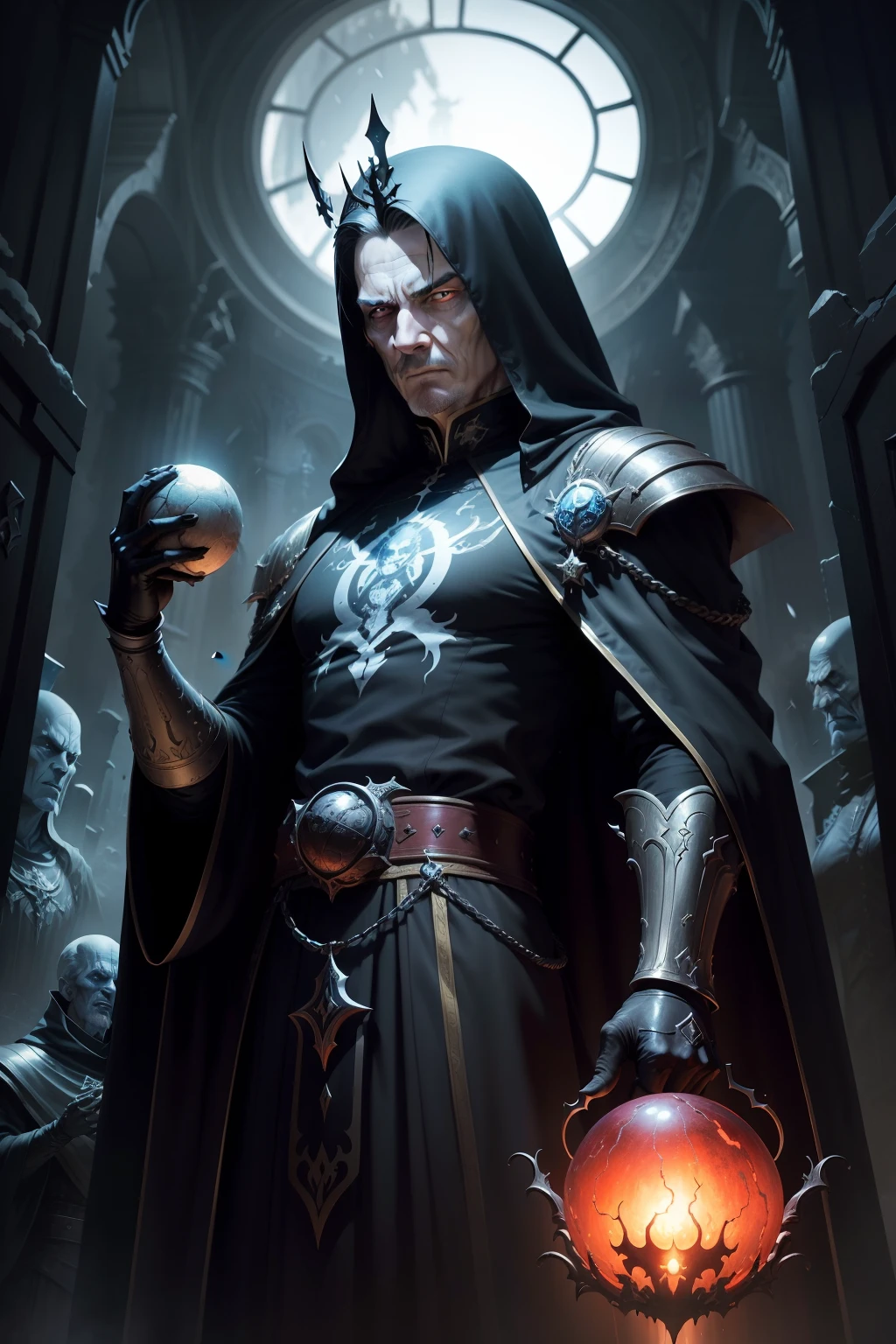 An image of an evil emperor with a sinister grin, wearing a broken crown, holding a ball of confusion in his hand, background is black night sky, eerie lighting, snow falling, mood is futile, nugatory, abysmal, desolate, digital art, hyper realistic, 8k, unreal engine, character design, art by Peter Paul Rubens, Anne Stokes, Blaz Porenta, Zdzislaw Beksinski, Marc Simonetti, Gerald Brom.