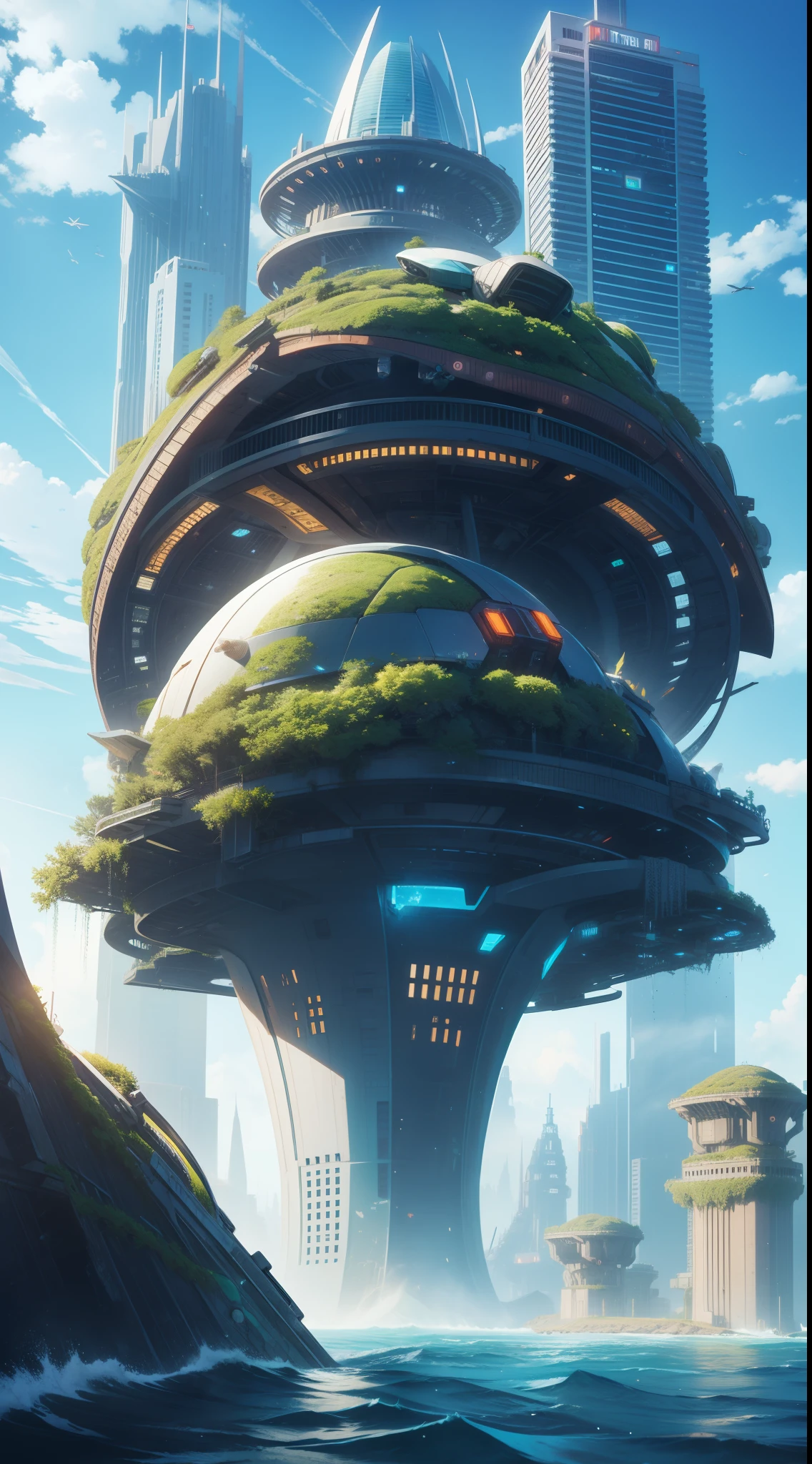 Futuristic city on the top of a giant monster turtle in the ocean