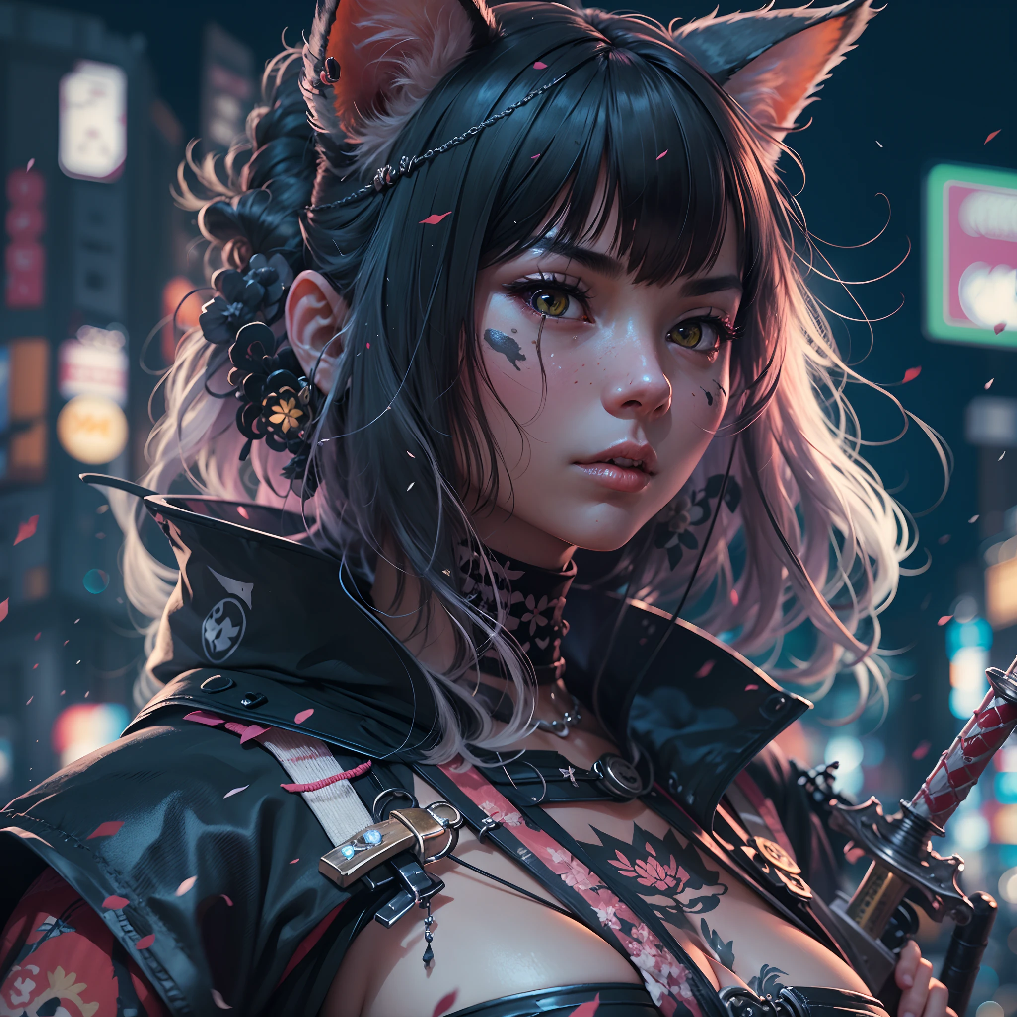 samurai cat girl, in cybrpunk city, Tokyo city, night, sword on her back, close up shot