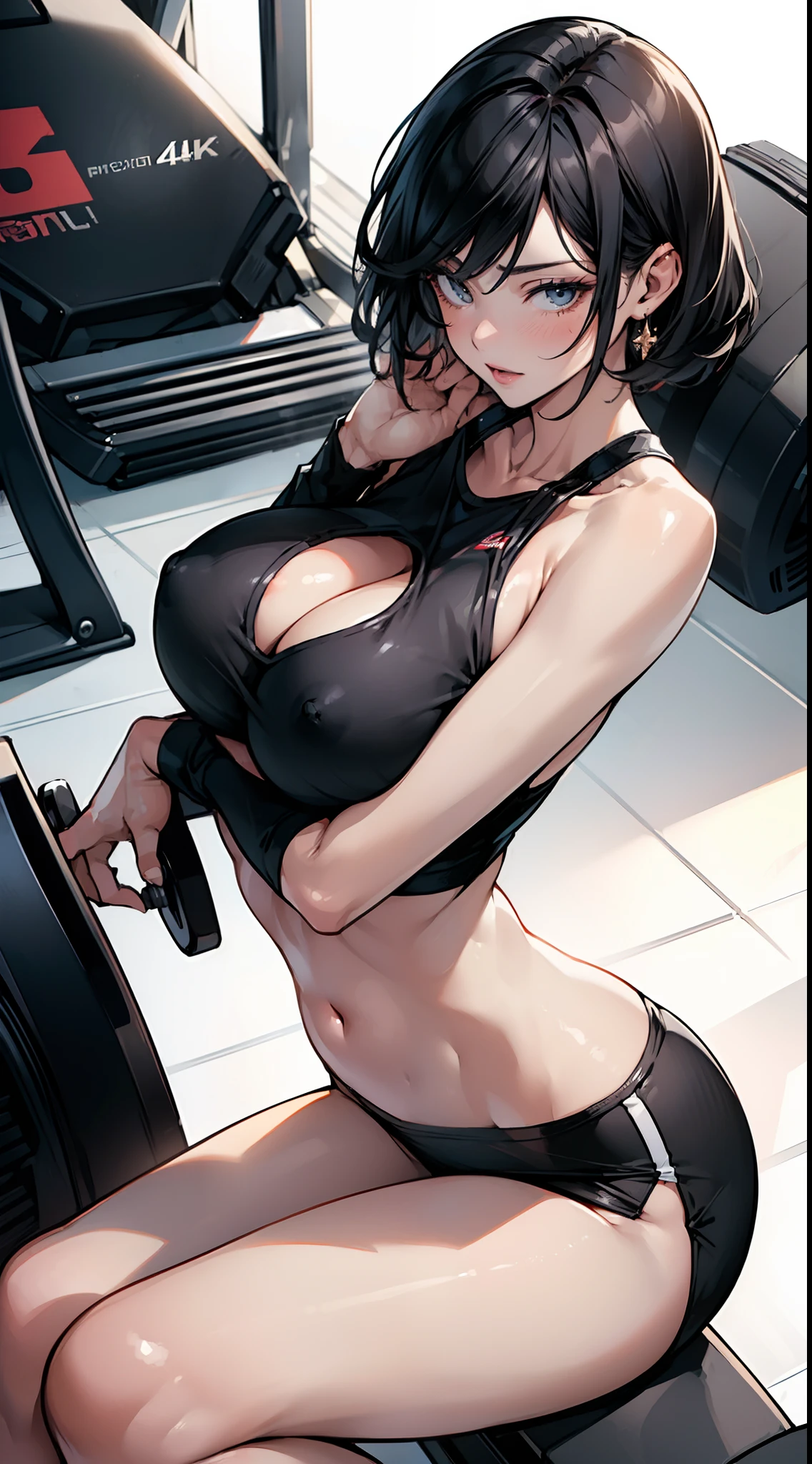 ((nsfw)),(gigantic breast:1),(masterpiece, best quality),((high resolution 4k)), 1lady, solo, black short hair, loose waves,sitting on the treadmills,front view,in the gym,sexy body,nice proportion,thin waist,wide hips,white sheer sport wears,front view,dynamic camera