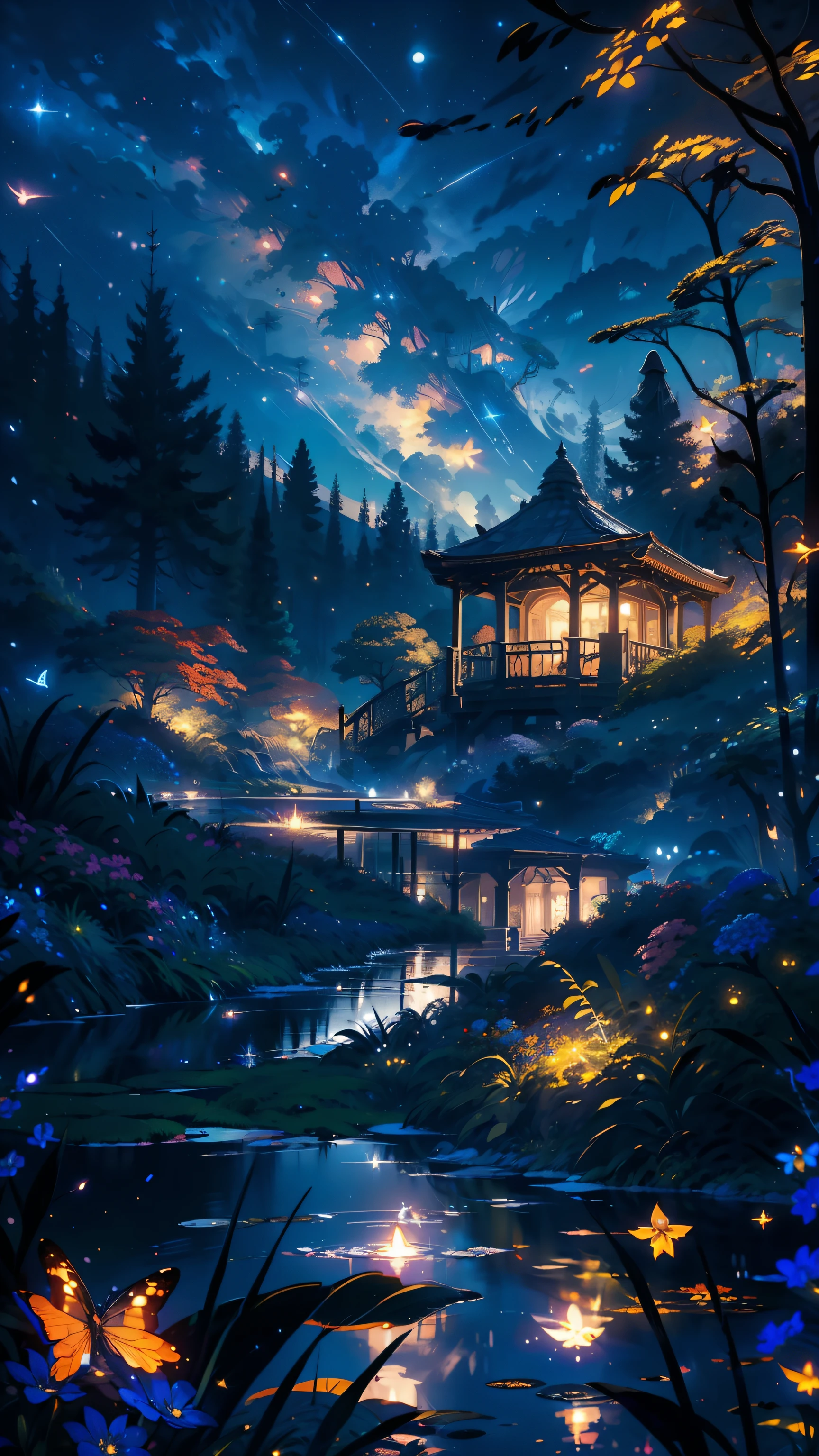 masterpiece, gorgeous, landscape, (((no_humans))), night, flowers, garden, starry sky, constelations, stunning, view, water, warm, cozy, peaceful, meteor, cosmic, magic, magicle, particles, faires, ((fireflies))