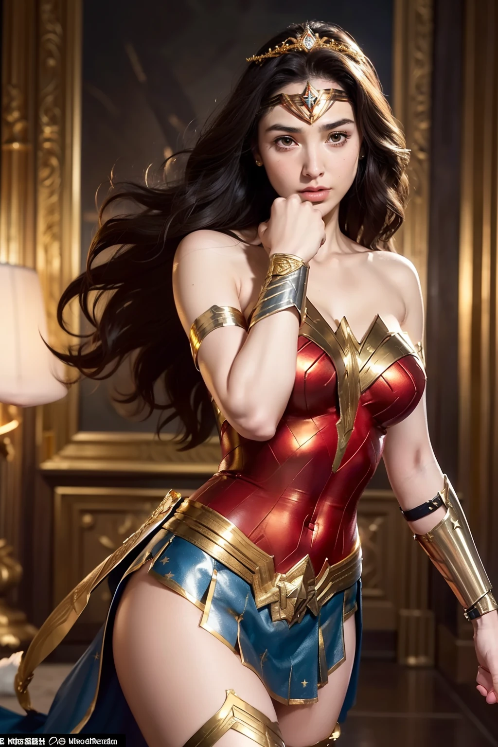 (masterpiece, best quality, photorealistic, cinematic, ultra-detailed, 8k), ((wide shot, full body)), 1 girl, (Gal Gadot as Wonder Woman), (wears a bodice, a snug, durable red piece with gold accents, the gold forms a "W" on her chest, representing her title), (her skirt is blue, reaching mid-thigh, made for movement, it has gold trim and layers, showing elegance while allowing her to fight freely), (wears gold bracelets that deflect attacks, her gauntlets, also gold, protect her forearms. Both are tough and match her warrior look), (golden sandals with ankle and calf straps, they're comfy, shock-absorbing, and have engraved Amazonian patterns, combining style with practicality), (her gold tiara, adorned with a star-shaped emblem, rests above her eyes, it signifies hope and her royal status, showcasing her strength and guidance), ((both fist at front))