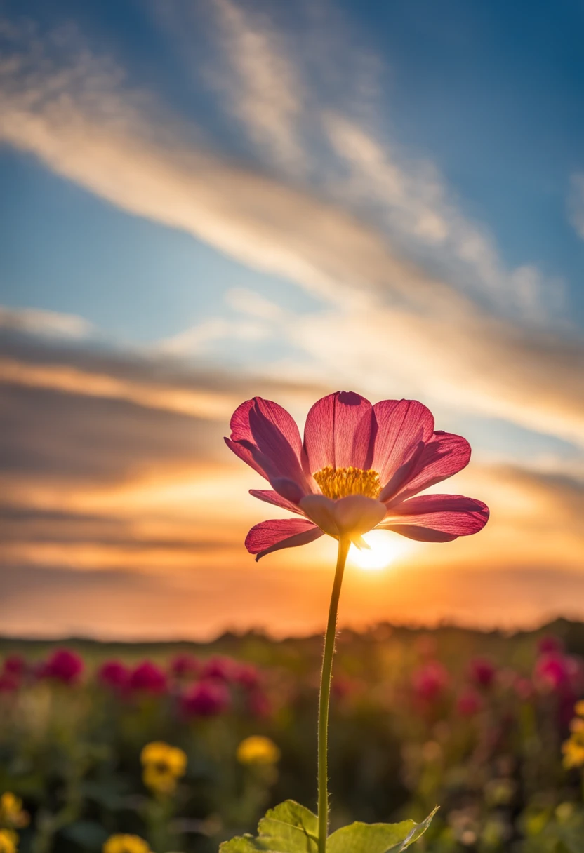 A solitary flower and blue sky with fillets of clouds and sun rising