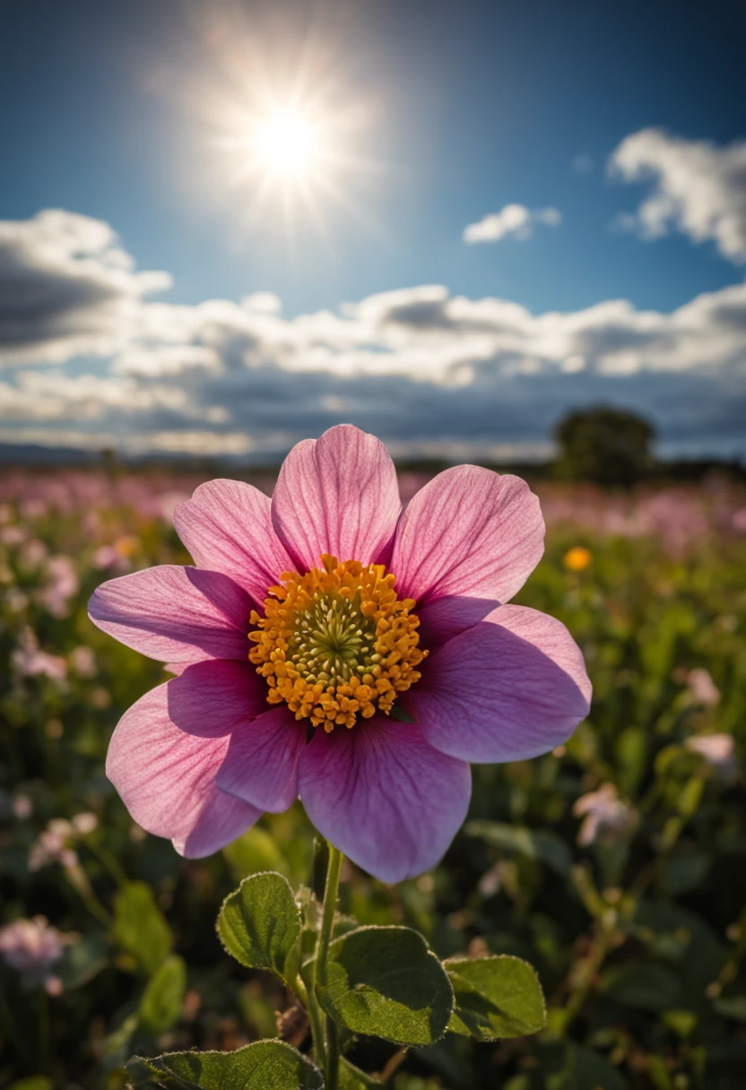 A solitary flower and blue sky with fillets of clouds and sun rising