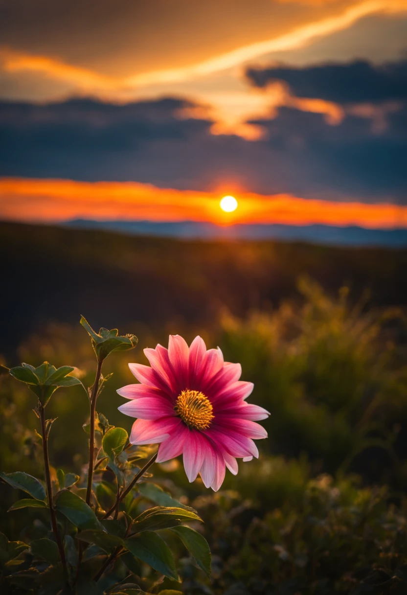 A solitary flower and blue sky with fillets of clouds and sun rising