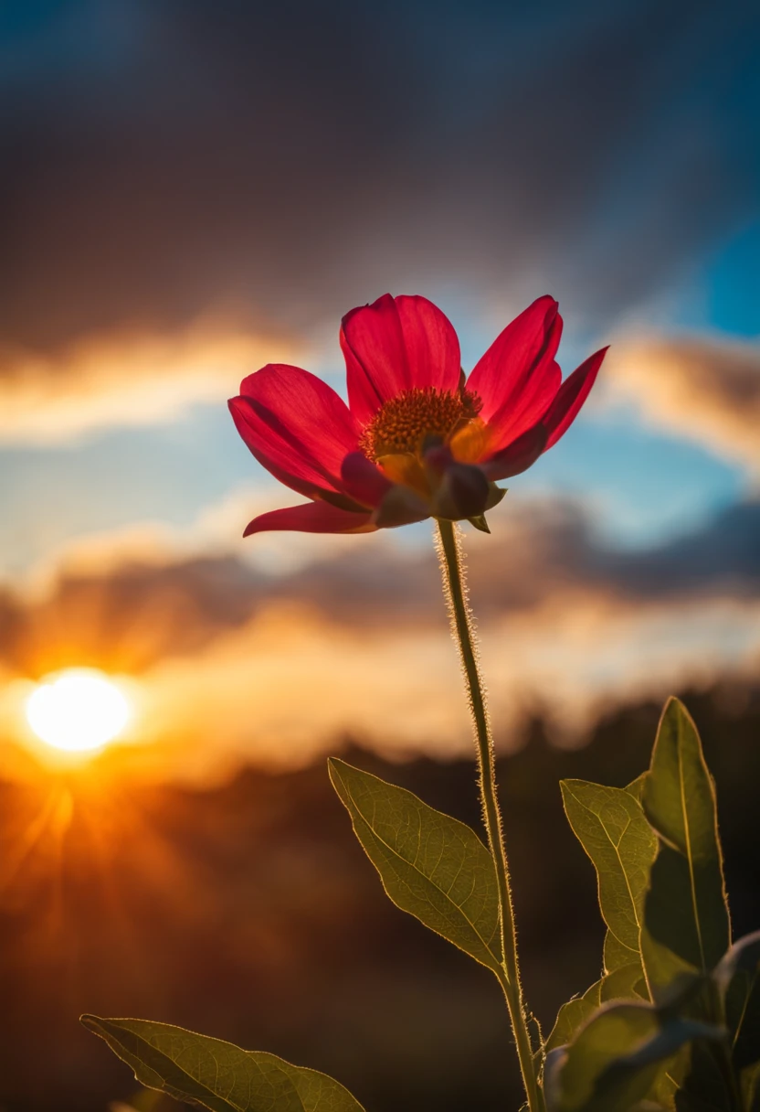 A solitary flower and blue sky with fillets of clouds and sun rising