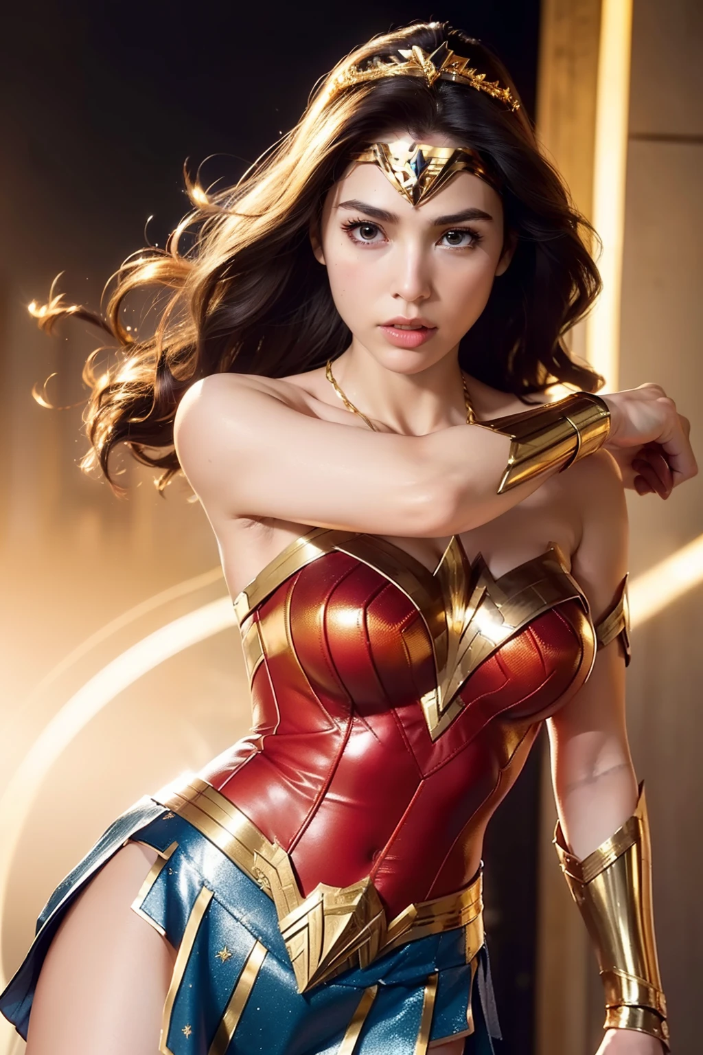 (masterpiece, best quality, photorealistic, cinematic, ultra-detailed, 8k), ((wide shot, full body)), 1 girl, (Gal Gadot as Wonder Woman), (wears a bodice, a snug, durable red piece with gold accents, the gold forms a "W" on her chest, representing her title), (her skirt is blue, reaching mid-thigh, made for movement, it has gold trim and layers, showing elegance while allowing her to fight freely), (wears gold bracelets that deflect attacks, her gauntlets, also gold, protect her forearms. Both are tough and match her warrior look), (golden sandals with ankle and calf straps, they're comfy, shock-absorbing, and have engraved Amazonian patterns, combining style with practicality), (her gold tiara, adorned with a star-shaped emblem, rests above her eyes, it signifies hope and her royal status, showcasing her strength and guidance), ((both fist at front))