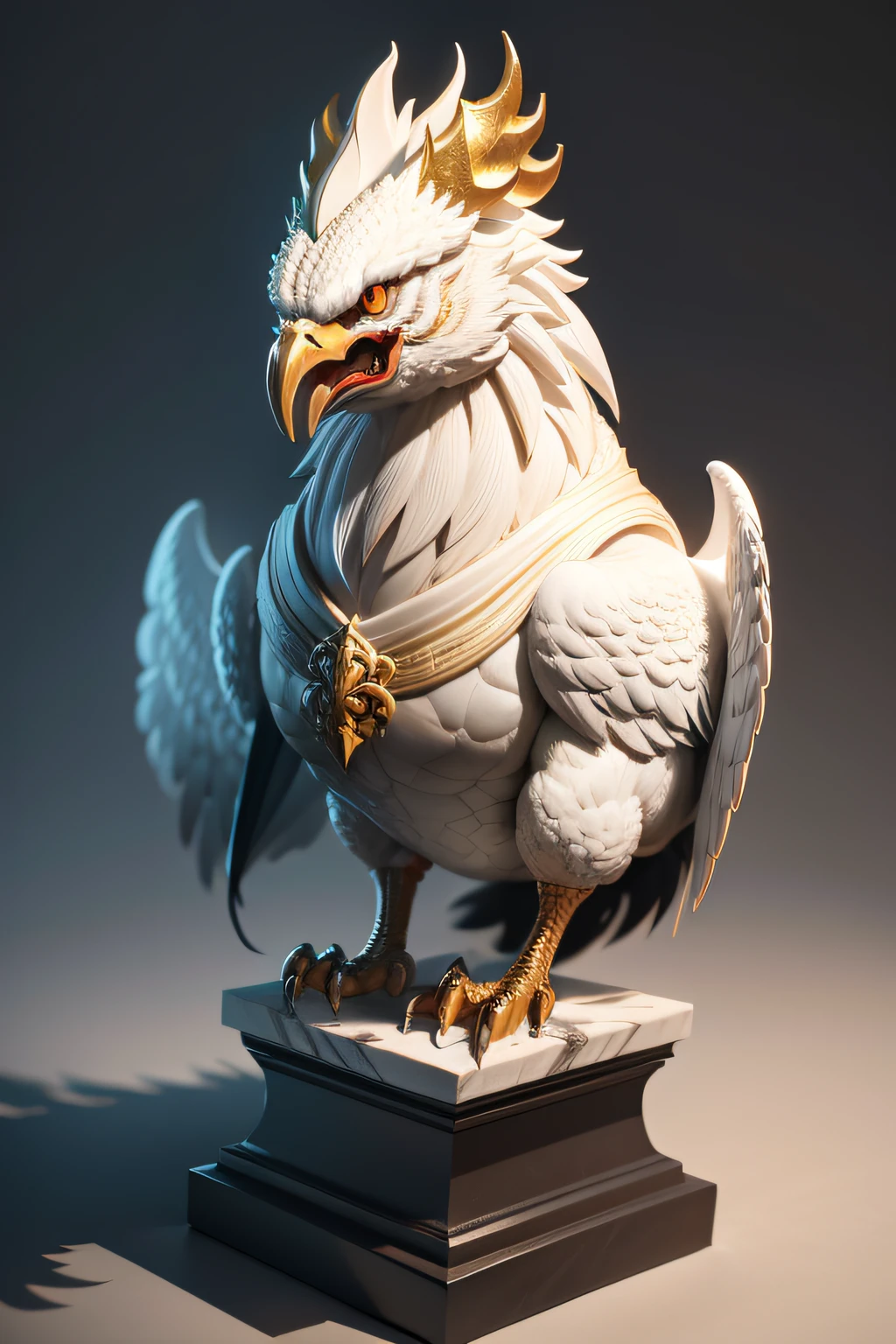 Chinese sacred beast white chicken ,Chicken head sculpture,Spirit beasts,The bulging facial muscles are very fierce and terrifying,Domineering, Stylized marble 3d rendering, , HD is intricate, Overly detailed sculpture, Trends in complex 3D sculptures on Zbrush,