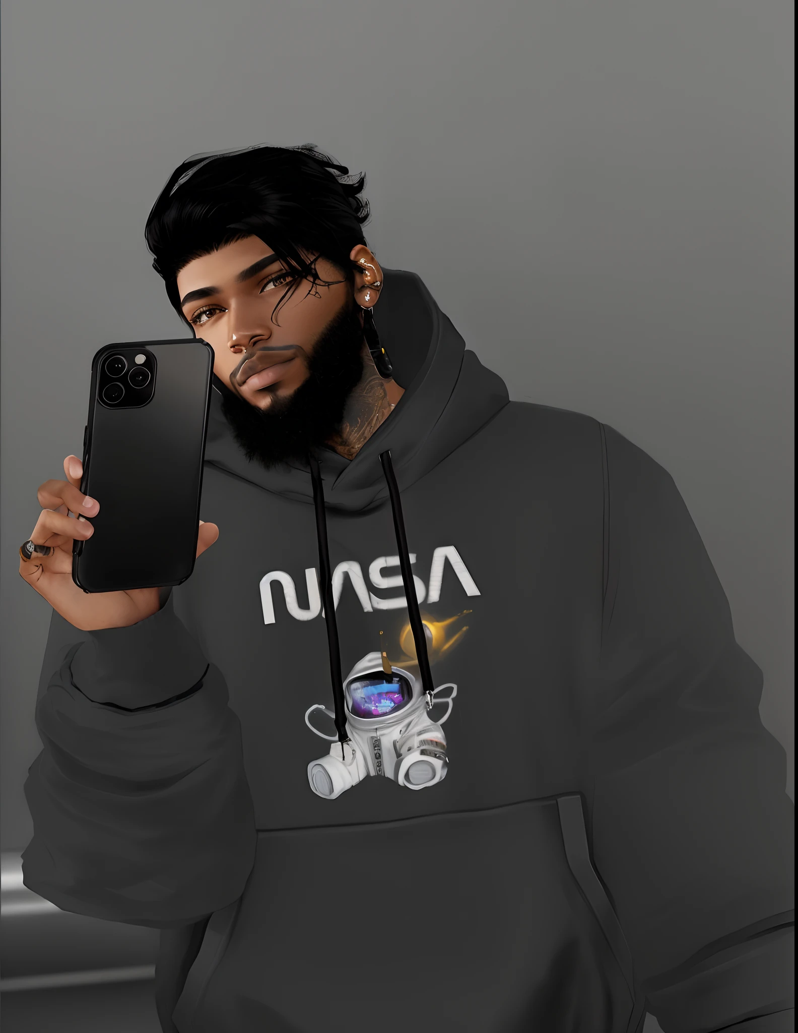 Mirror selfie, iphone 11, elevator, man with a beard and a hoodie holding a cell phone, wearing space techwear, ( ( dark skin ) ), in a black hoodie, in a hoodie, imvu, 2 k aesthetic, ☁🌪🌙👩🏾, aesthetic!!!!, wearing a fisher 🧥, aesthetic!!, inspired by Xanthus Russell Smith, no hood | | realistic shaded
