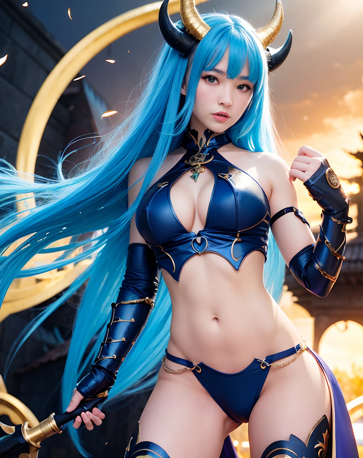 Professional , masterpiece、top-quality、photos realistic , depth of fields 、(Gemstone Blue Metal Body:1.2),(Matte Blue Black、(Mystical expression)、gold patterns、Wind-effect、Light Effects、Wind-effect、(Micro Bikini Armor)、(cleavage of the breast)、Dragon Gold Weapon(Dragon Metal Body:1.4),Gorgeous gold weapons ,(Particles of light)、 ,Fight legions of soldiers in skeleton armor ,(demonic wings)、Mystical expression、-yeld beiful girl、(( Dragon's dense and gorgeous sword)) , Ultimate Beauty 、((Blue hair))、(Castle background)、Fight dragons、Fight with weapons、((Gangle's forest background))、Beautiful Caucasian beauty、(1a person)、dynamic ungle,(((Details of the two demon horns on the head)))、Smaller head、A smile、Castle background、Thin and beautiful female hands、cleavage of the breast、Soldier in iron armor on background、Mystical expression、Light Effects、With the legendary magic wand、(demonic wings)、(Blue hair)、(1 persons)、Battle Look、Anatomically correct body、Toostock、Toostock、knee、Fight soldiers with skeleton armor ,