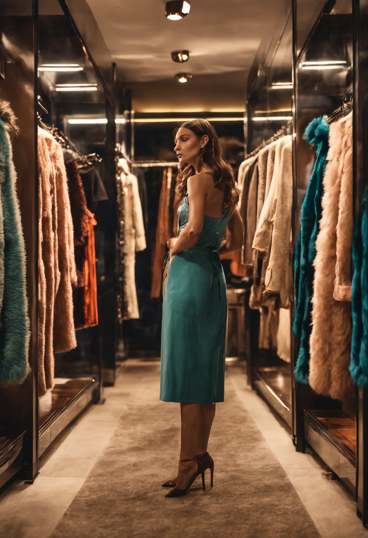Woman admiring showcase with various luxury clothes