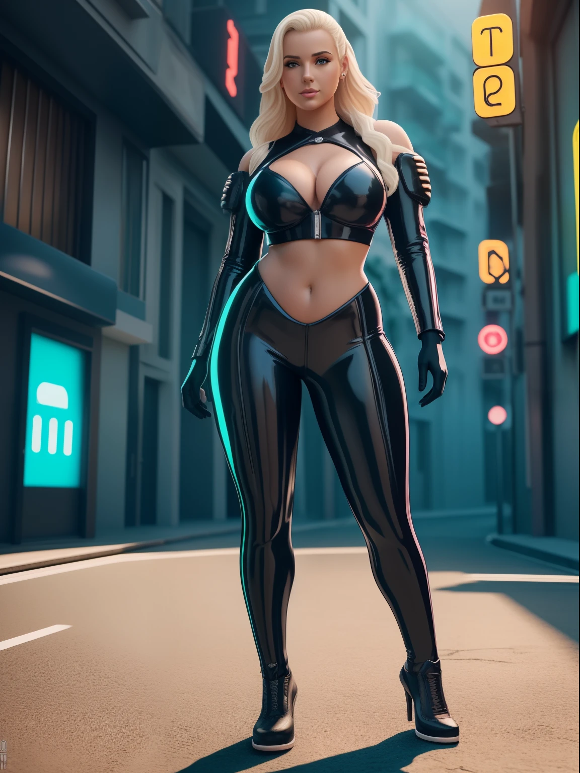 A beautiful curvy girl, blonde hair, decote, roupa de latex, em uma rua movimentada com placas de neon, Cyberpunk aesthetics, cor profunda, intrincado, 8K resolution concept art, natural lighting, beautiful composition, foco nítido, Studio photo, detalhes intrincados, altamente detalhado, profundidade de campo, foco nítido, High detail, textura de pele realista, Realistic, fotorrealista, Arte Digital, tinta escura