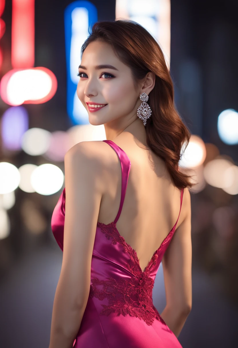 8k, masterpiece, RAW photo, best quality, photorealistic, extremely detailed CG unity 8k wallpaper, Depth of field, Cinematic Light, Lens Flare, Ray tracing, (extremely beautiful face, beautiful lips, beautiful eyes), intricate detail face, ((ultra detailed skin)) 1girl, in the dark, deep shadow, pretty korean girl, kpop idol, 1 girl, (very slim slender fit-muscled body:1.3), ((looking at viewer)),(big smile:1.3), (hot pink color blouse), (sleeveless) , (fashion city night, dark night, (neon sign), (blurred background), fashion street night),(without people in the background:1.3), beautiful earrings, bracelets, necklace, pantyhose, clear eyes, walking, (pale skin), (big eyes), face forward, ((upper body shot)), ((silk color dress:1.3)),(brown hairs),((tight fitting laced dress)), (laced dress), (see through), (looking at viewer:1.3) open breast, very slim, medium breasts, turning back,((back shot)), see through, medium butts
