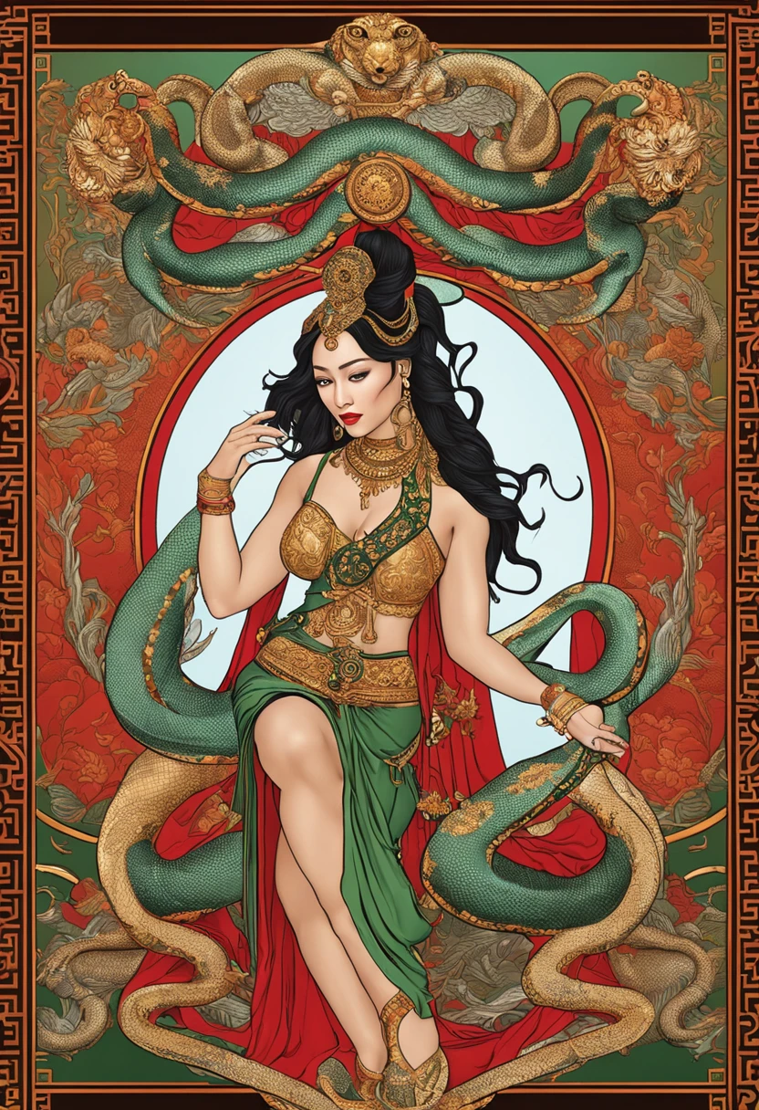 Chinese elements，Nu wa, Snake God, Snake eyes, snake tongue, intricate face details,milk，Bubble，transgender，Comic book page style with white margins, pictogram, vibrant, Colorful, Official Digital Art, 16k, Intricate details, big breasts enchanting, Professional manufacturing, Beautiful vector illustration, 12k resolution,。.3D, All characters in detailed full body, High details,Ultra high quality, hyper photorealism, Photorealism, Octane rendering 3