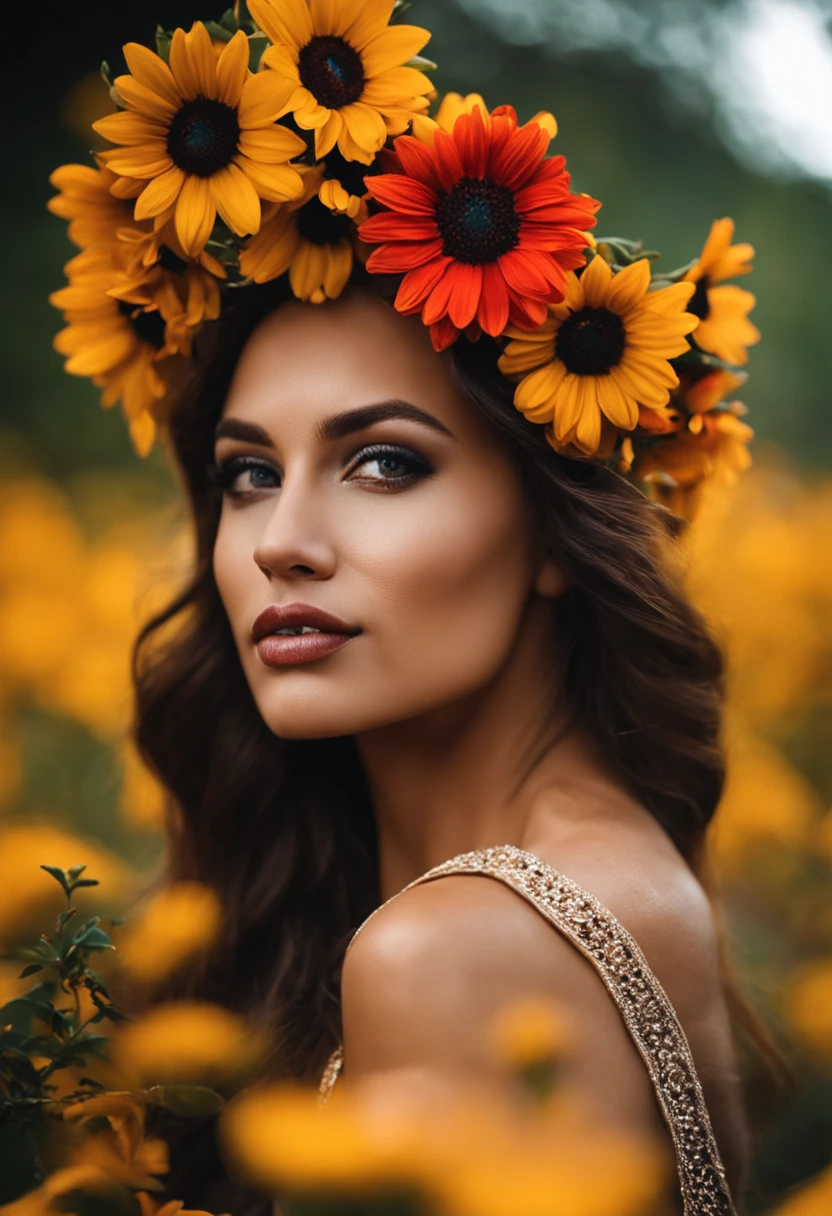 Face de mulher olhando uma flor na natureza