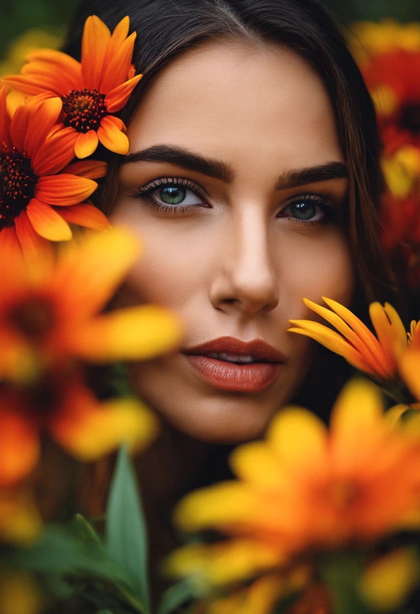 Face de mulher olhando uma flor na natureza