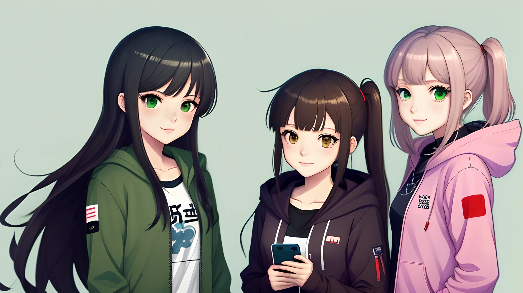 Wallpaper phone，quadratic element，teens girl，adolable，Pure，Juvenile，Anime character with long black hair and green jacket holding mobile phone, anime moe art style, Kantai collection style, anime visual of a cute girl, Marin Kitagawa fanart, black haired girl wearing hoodie, wataru kajika, chiaki nanami from danganronpa, shirabii, rena nounen style 3/4