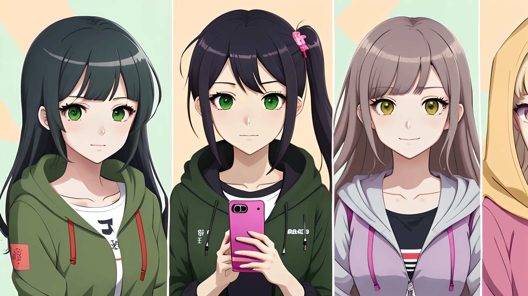 Wallpaper phone,quadratic element,teens girl,adolable,Pure,Juvenile,Anime character with long black hair and green jacket holding mobile phone, anime moe art style, Kantai collection style, anime visual of a cute girl, Marin Kitagawa fanart, black haired girl wearing hoodie, wataru kajika, chiaki nanami from danganronpa, shirabii, rena nounen style 3/4