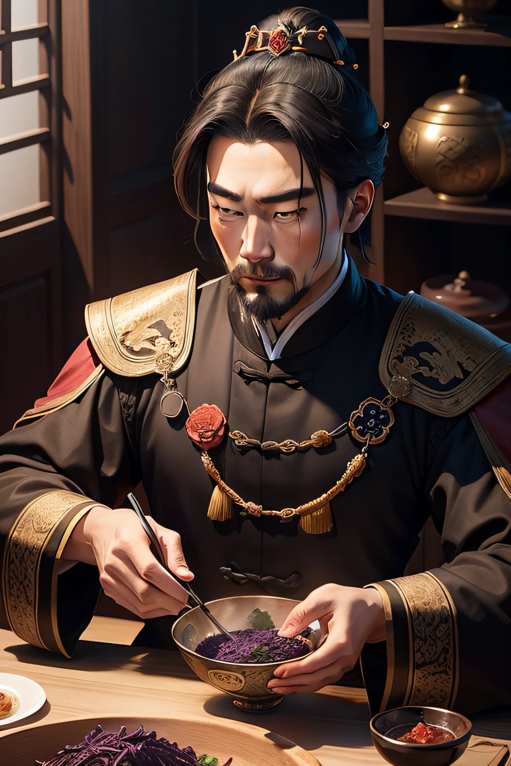 Create an image of the Ming Dynasty emperor enjoying a lavish meal with a bowl of black Rice at his side, showcasing the exclusivity and luxury of this rice.