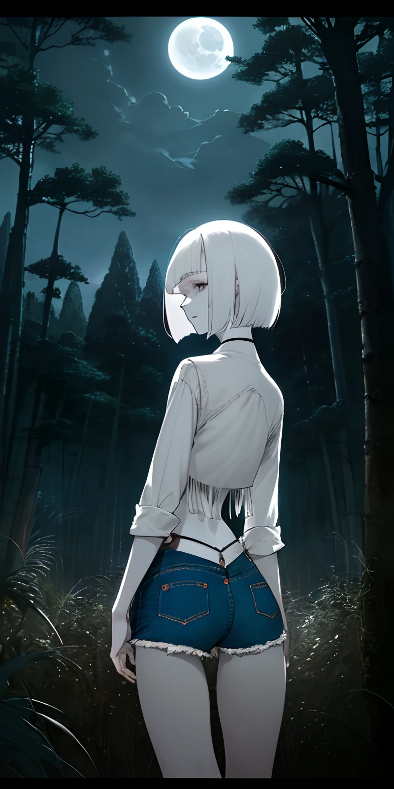 4k, wallpaper, 1girl, pale skin, white hair, (short hair), fringe, (top crop), (denim shorts), (backview), looking back, moonlight, moon, night, forest, dark