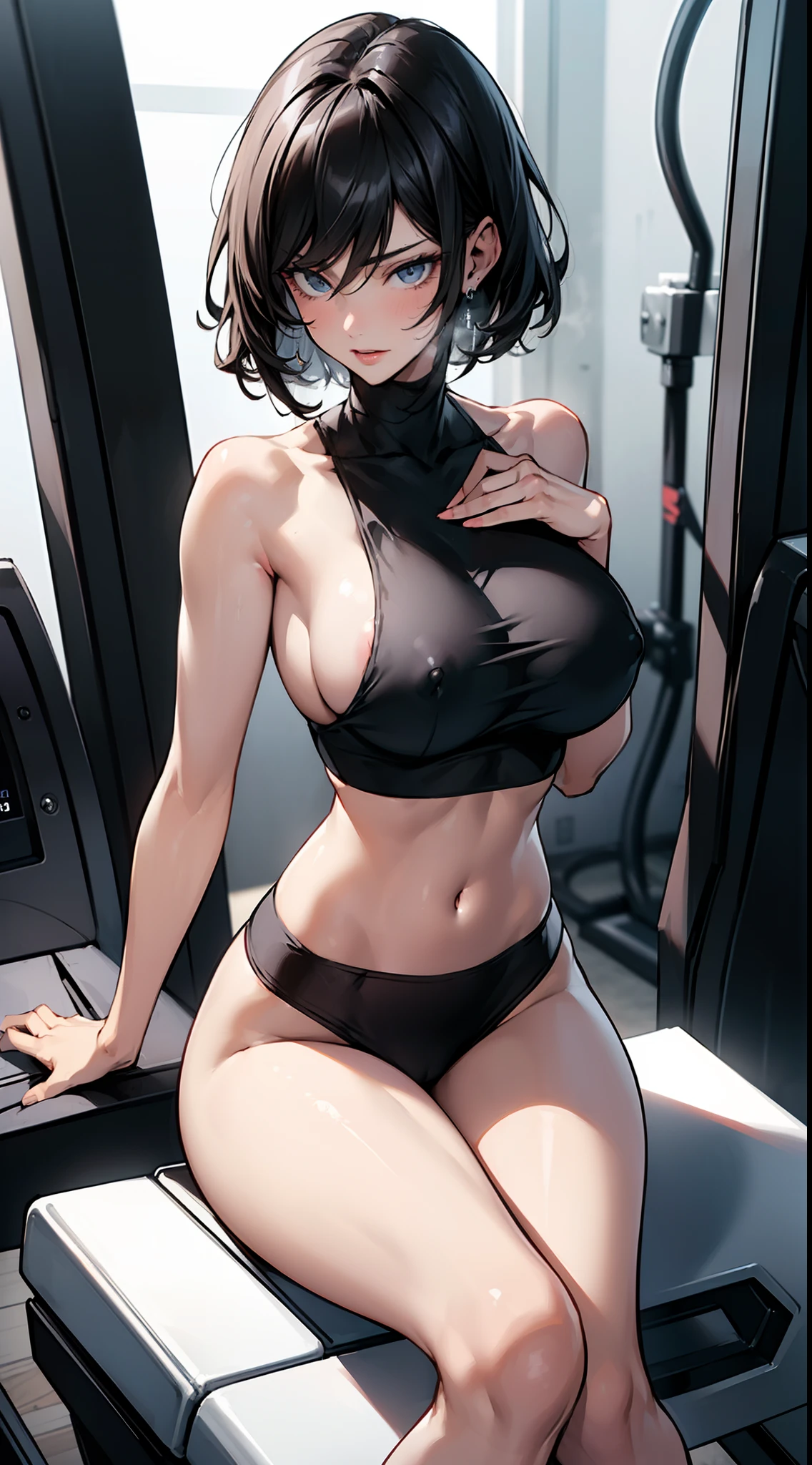 ((nsfw)),(gigantic breast:1),(masterpiece, best quality),((high resolution 4k)), 1lady, solo, black short hair, loose waves,sitting on the treadmills,back view,in the gym,sexy body,nice proportion,thin waist,wide hips,white sheer sport wears,front view,dynamic camera