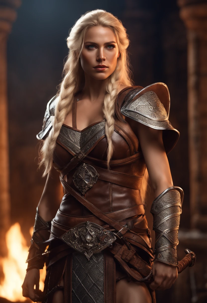 Maiden barbarians in Dungeons & Dragons, Blonde hair with long braids, Full body leather and fur armor without metal, Holding a spear, Big muscles, DnD, in the style of realistic and hyper detailed renderings,dungeons and dragons, 8K, Detailed eyes, Perfect eyes, Epic , Dramatic , Fantastical, full bodyesbian , Intricate design and details, Dramatic lighting, hyper photorealism, Photorealistic, Cinematic, 8K, Detailed face, Dramatic photo,epic photo, Whole body,Savage,
