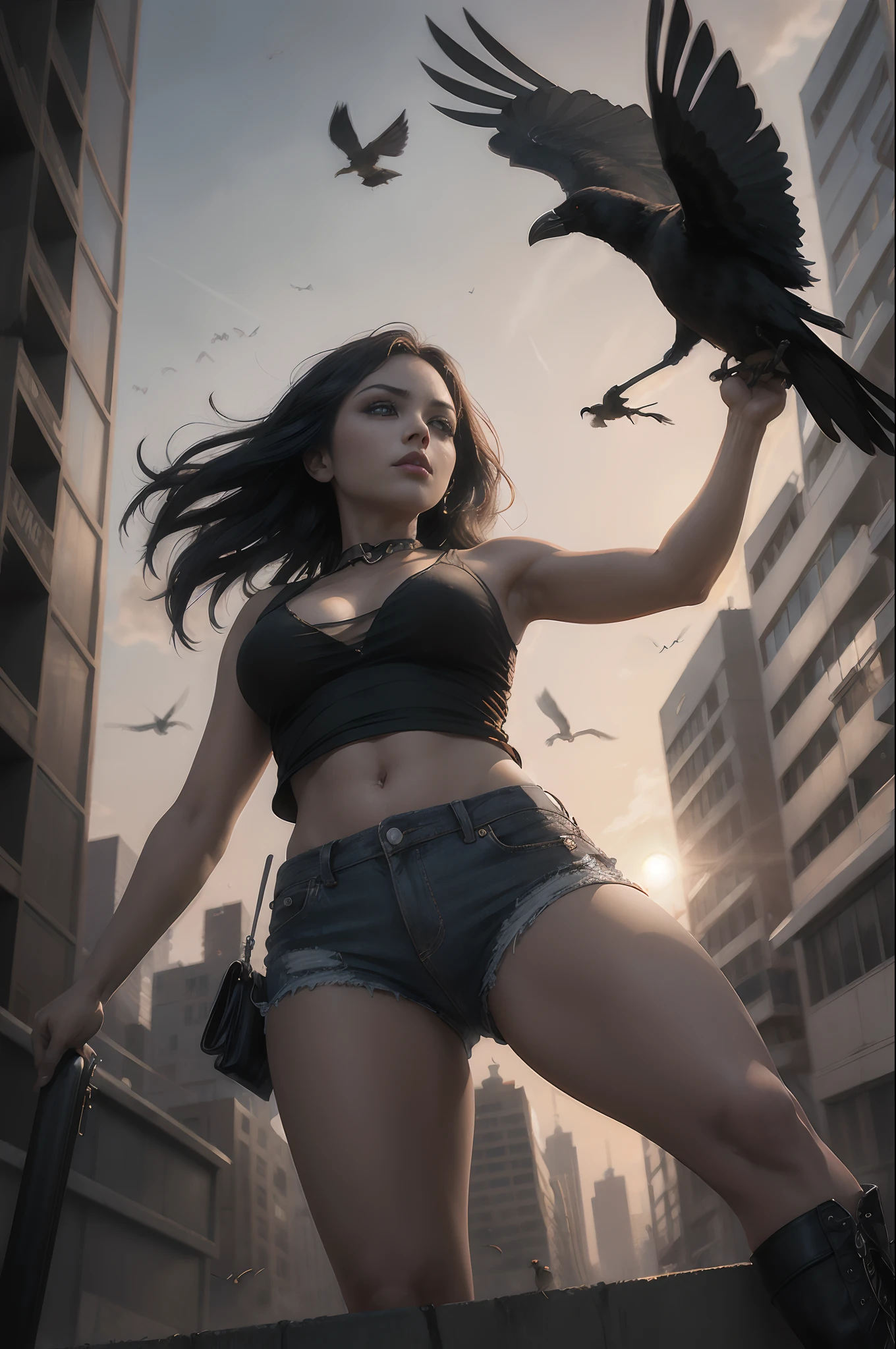 woman, (((from below))), busy city, foreshortening, (seductive pose), looking at viewer, mad, blackcutoffs, (eye contact), african, photorealistic, masterpiece, realistic, high contrast, hyper detailed, best quality, ultra high res, photorealistic, high resolution, detailed, raw photo,crows flying.