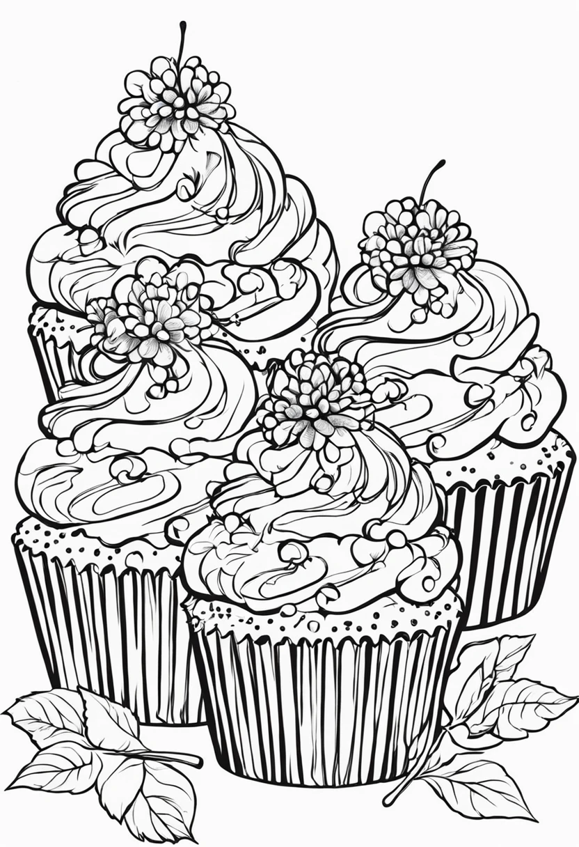 Cupcakes, coloring book, vectorial, White background, outline