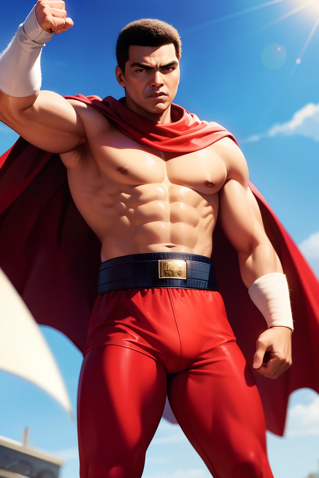 Muhammed Ali, superhero, wearing a cape, super powers