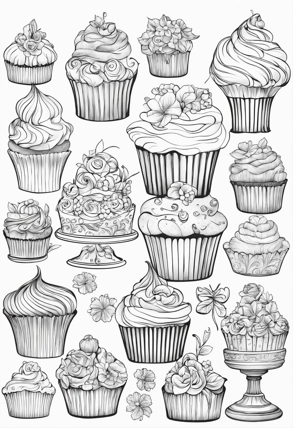Cupcakes,  coloring book, vectorial, White background, outline