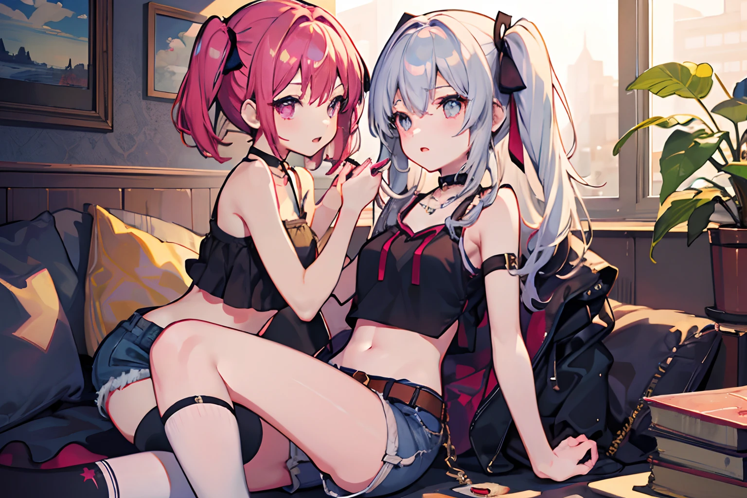 ,twins, Masterpiece,Best quality,offcial art,Extremely detailed Cg Unity 8K wallpaper, 2girls, cute female , Yuri, hair adornments, Short shorts, Crop top, ribbon_choker necklace, leg belt,kneehighs,