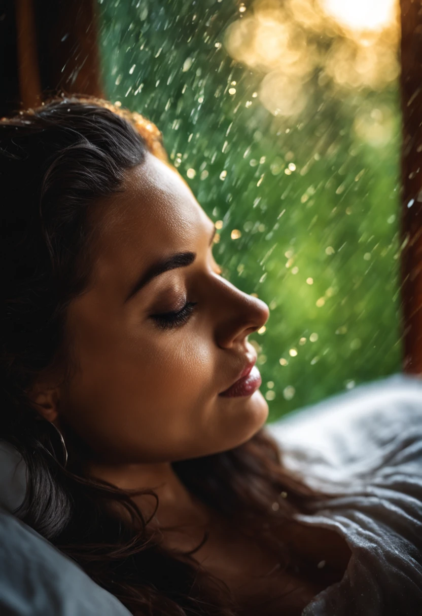 Mulher sentada na cama com saudade do seu amor, madrugada chuvosa, com gotas de chuva na janela