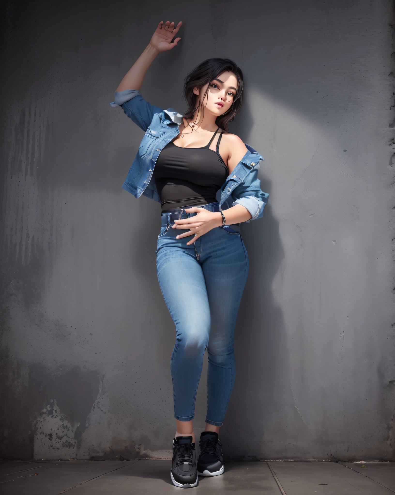 Il y a une femme en haut noir et jeans posant pour une photo, casual pose, model standing pose, full body action pose, portrait complet posant, full body photoshoot, fully body pose, t pose, Photogenic whole body shooting, Diverses poses prenant des photos, Portrait complet du corps, corps entier mignon jeune femme, Image du corps entier, in an action pose, pose satisfaite