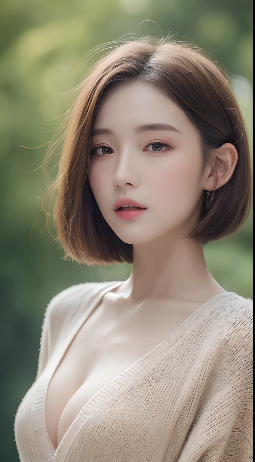 ((Best quality, 8k, Masterpiece :1.3)), 1girl, Pretty woman with slender abs :1.3, (Medium-short hair, Huge breasts :1.2), Cardigan :1.1, Ultra-detailed face, Detailed eyes, Double eyelid
