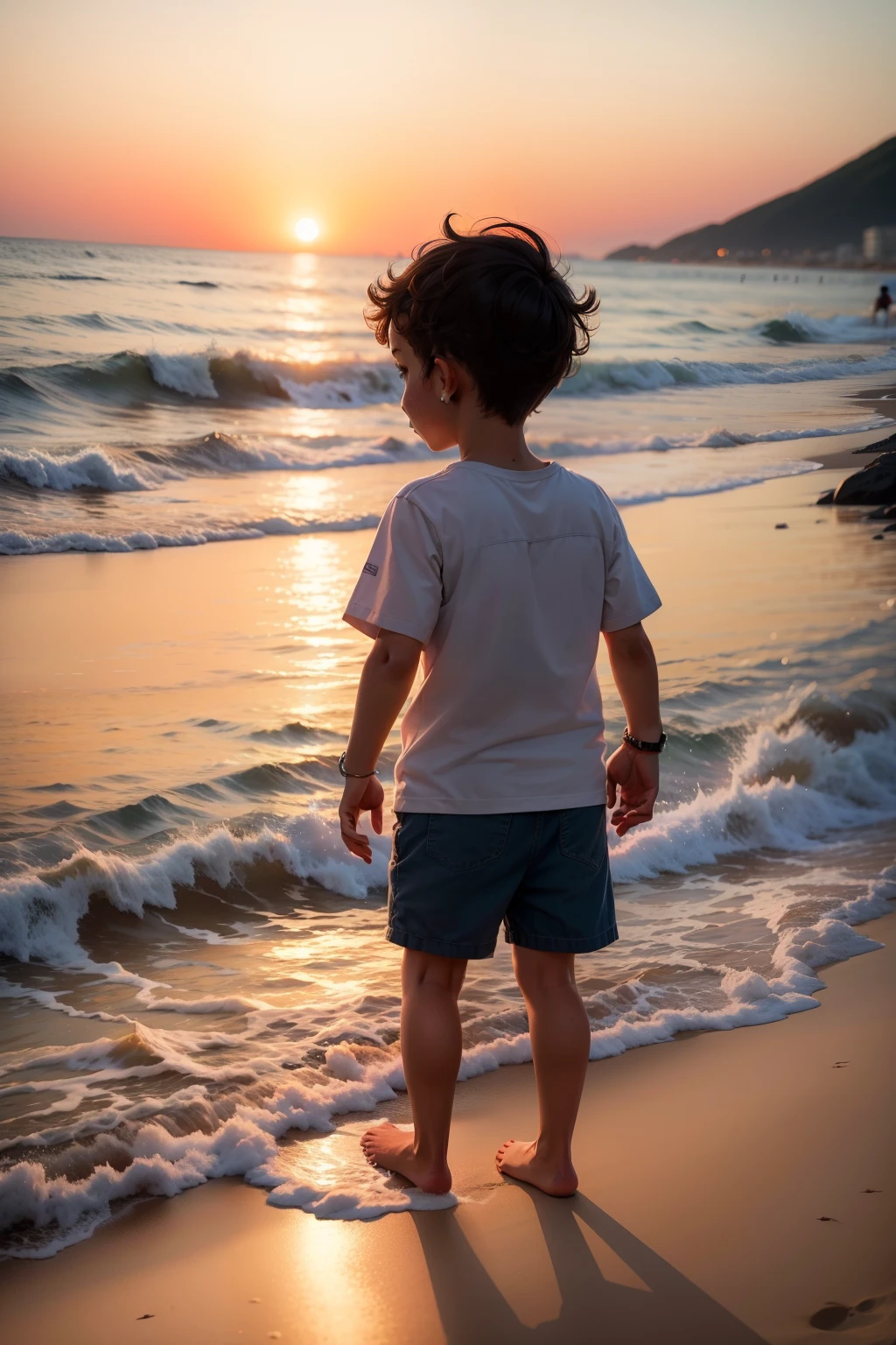a child playing in the beach area at sunset with his mother, em alta qualidade