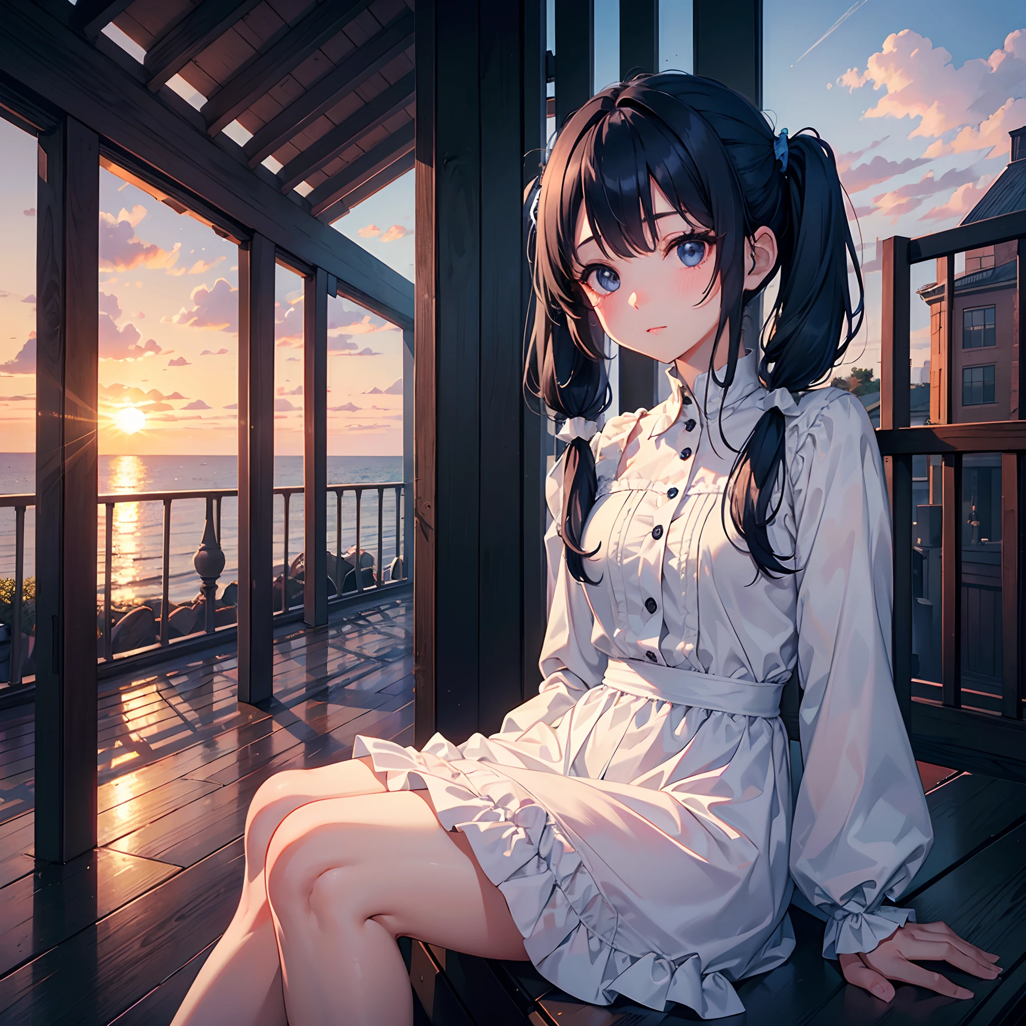 (masterpiece), best quality, expressive eyes, perfect face, navy blue hair, medium hair, pigtails hairstyle, black eyes, eyes detail, soft skin, cute face, happy facial features, beautiful girl, high quality, high resolution, short dress, long medium shot, sunlight, sleepy eyes, sunset,