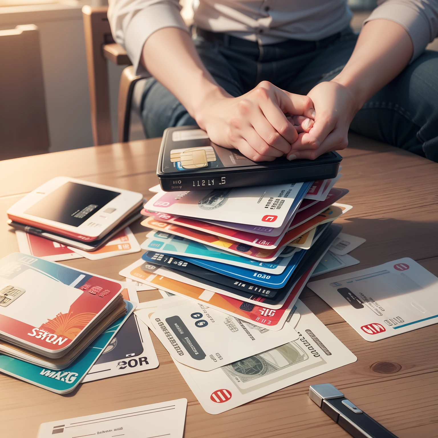 Multiple credit cards stacked and many overdue bills