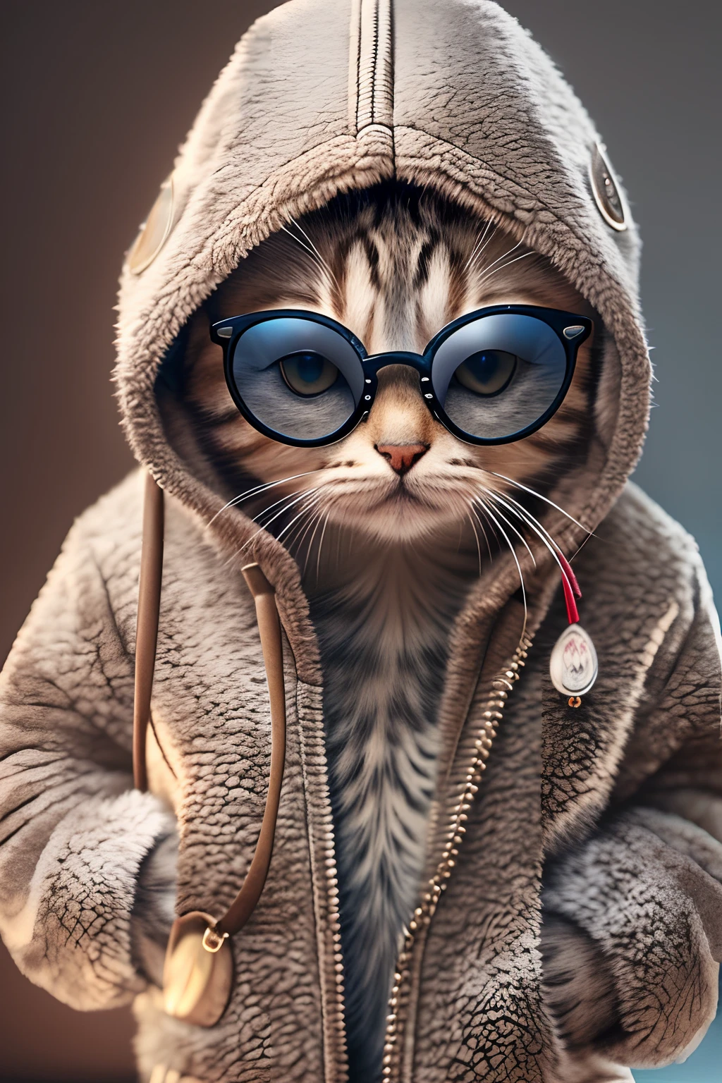 FashionMagCover，Anthropomorphic kitten in hoodie, Fashion kitten,  Inky sunglasses,8K, High quality, Masterpiece, Best quality, k hd, Extremely detailed, voluminetric lighting, Photorealistic