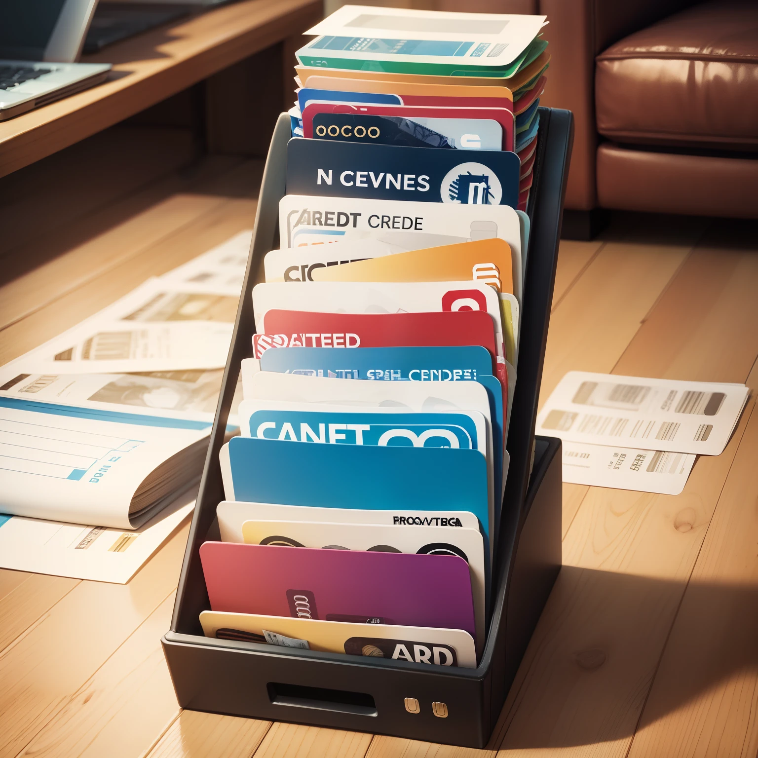 Multiple credit cards stacked and many overdue bills