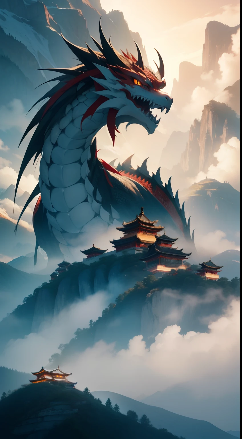 ichijou(Chinese dragon)Appears between mountain peaks,surrounded by cloud,Glaring ahead angrily,,tmasterpiece,high qulity,A high resolution,perfect detail,Perfect quality,Perfect detailing,depth of fields,
