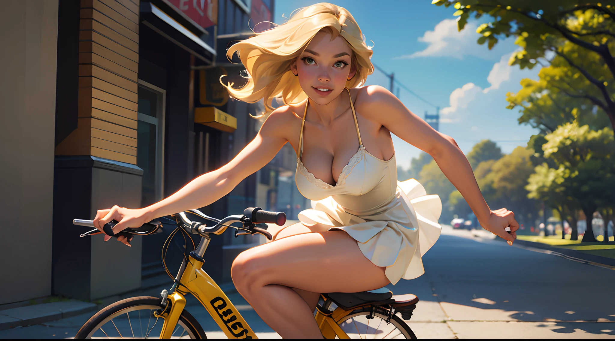 An image of a blonde woman riding a bicycle in a tight sundress, visible panties, beautiful golden legs, white shoes
