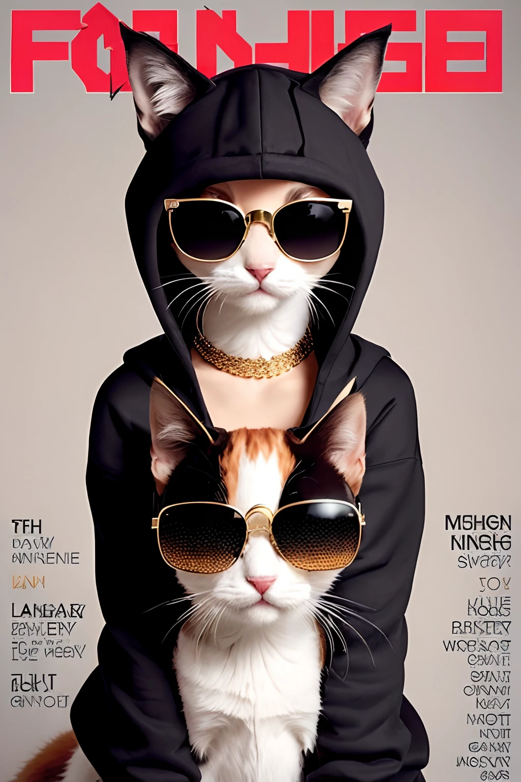 (FashionMagCover:1.5)，Anthropomorphic kitten in hoodie, Fashion kitten, Kitten clothing is stylish and elegant, Gold accents，Glamour, stage lighting，Take photos at concerts, Inky sunglasses,rock star，Decorative punk，shimmering jewelry，8K, High quality, Masterpiece, Best quality, k hd, Extremely detailed, voluminetric lighting, Photorealistic
