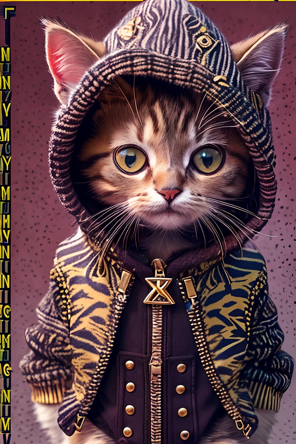(FashionMagCover:1.5),Kitten in a hoodie, Fashion kitten, Kitten clothing is stylish and elegant, Gold accents,Glamour, stage lighting,Take photos at concerts, Inky sunglasses,rock star,Decorative punk,shimmering jewelry,8K, High quality, Masterpiece, Best quality, k hd, Extremely detailed, voluminetric lighting, Photorealistic