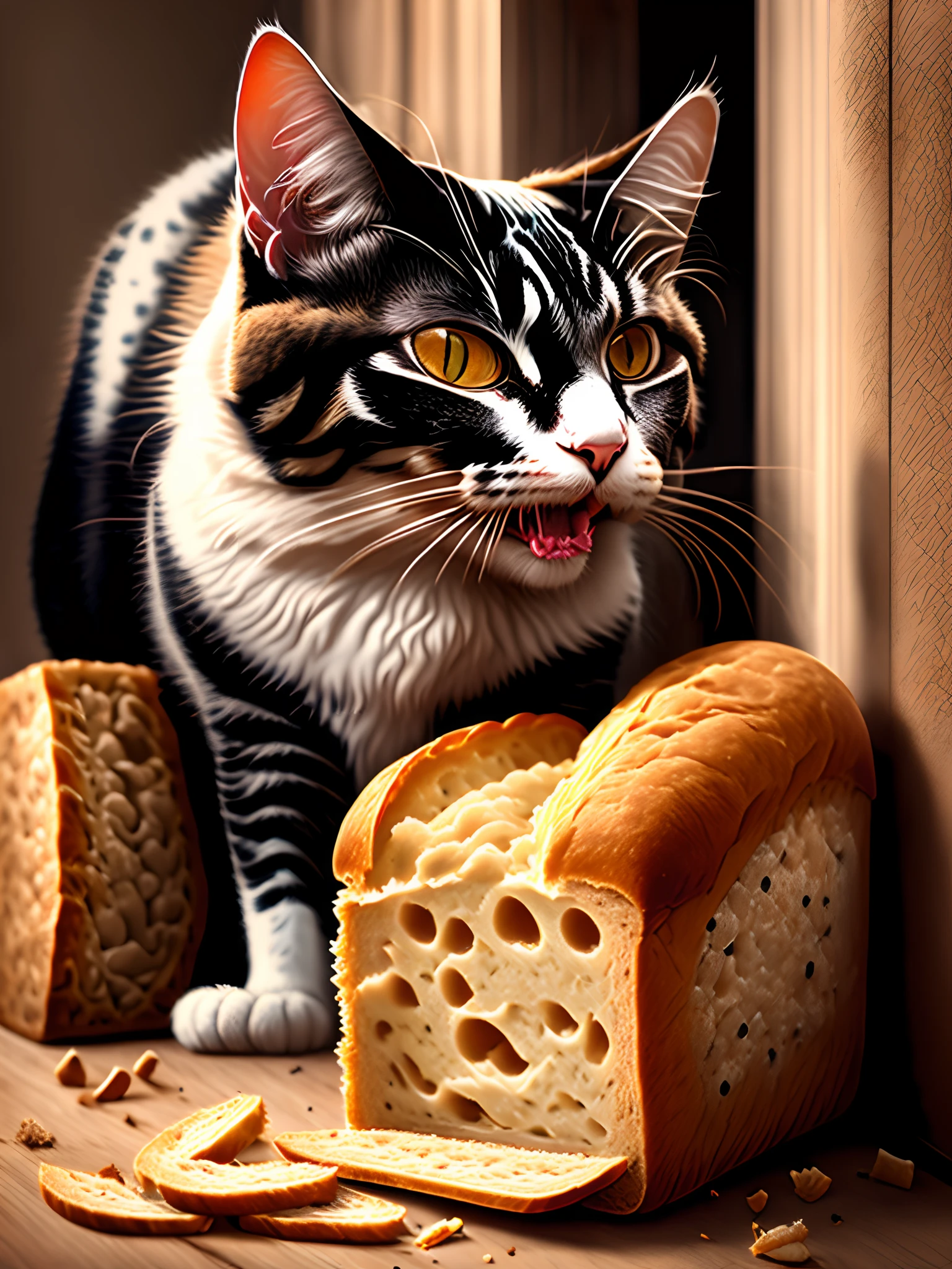 Mystic cat biting into a loaf of bread